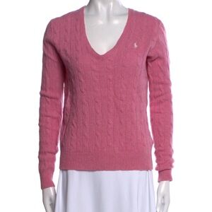 Polo Ralph Lauren Cable Knit Merino Wool V-Neck Sweater in Pink